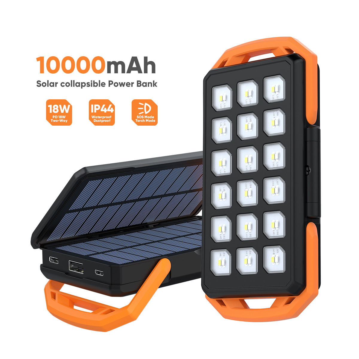 IP44 10000mAh Waterproof DualSolar Panel Power Bank with Stand and Flashlights SMP06